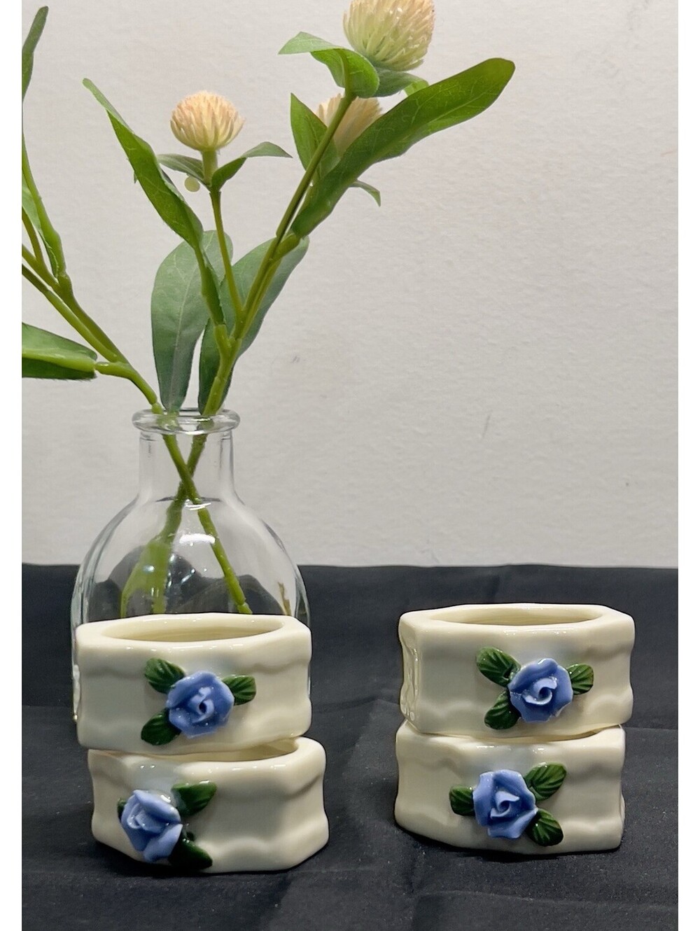 4 Vintage Porcelain Napkin Rings Holders Blue Flowers Cottagecore Tea Party